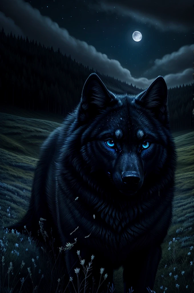 masterpiece, (best quality) , very detailed, ultra detailed ,(alone), meadow , beautiful black wolf, blue eys , friendly, night, moon, epic