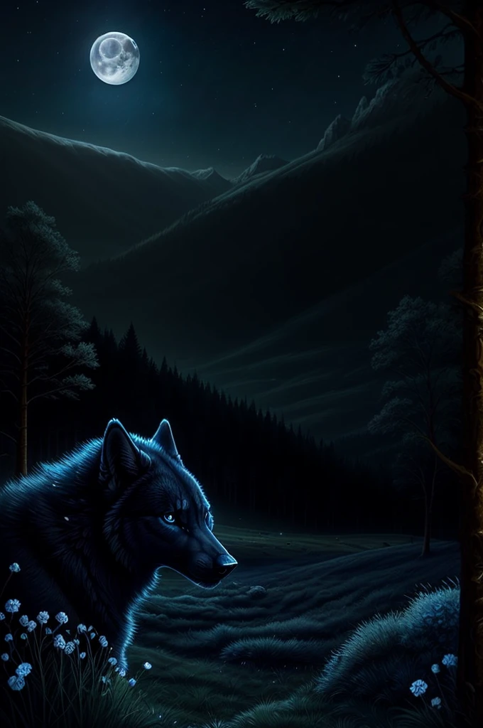 masterpiece, (best quality) , very detailed, ultra detailed ,(alone), meadow , beautiful black wolf, blue eys , friendly, night, moon, epic