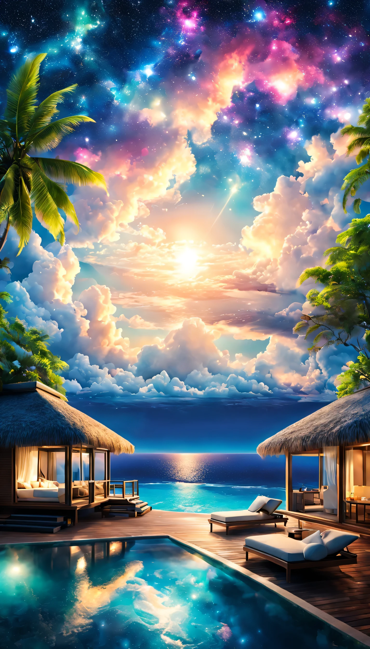 Highestのリゾート地の風景photograph,beautiful sea,高品質でwonderful家具:designer furniture,A beautiful sky spreads out,dream-like,summer,cloud,sky blue,Marine Blue,wonderful景色が広がります,Luxury Resorts,luxurious space,Velar,An environment surrounded by rich nature,Highestの時間をあなたに,Highest品質,photograph,structurally correct,perfect composition,広告用に撮影されたphotograph,beautiful light and shadow,Photographed by a professional photographer,Highestのリゾート地に選ばれた,rich colors,Cast colorful spells,be familiar with,fantastic,wonderful,maldives,light effect,Sparkling,reflection,night,night空,star,Highest
