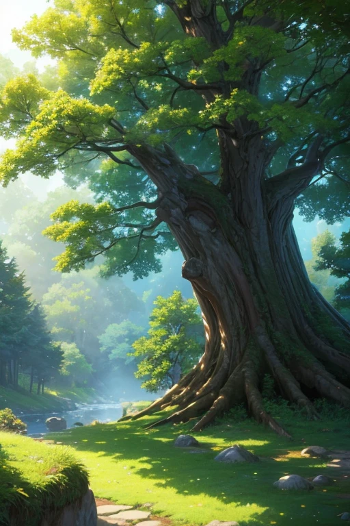 (best quality,4K,8k,high resolution,masterpiece:1.2),Super detailed,(actual,photoactual,photo-actual:1.37),Sunlight passing through leaves in the forest,Beautiful peaceful scene in anime style,beautiful anime scene,anime nature,anime movie background,Lush、Vibrant anime style 8K forest,anime scenery,colorful anime background,anime background,beautiful anime scenery,great magic tree,Studio Ghibli style sunny apartment,Today’s recommended anime is still,epic 8k HD anime shot,anime background art
