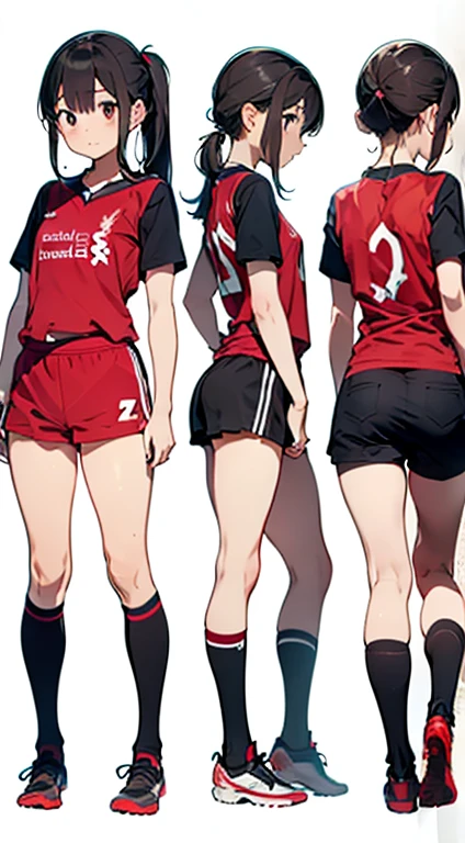 Liverpool Soccer Jerseys(faithful),Immaculate world、pure white background、one girl,Full body standing、upright in position, very short pants,red pants, long socks,Soccer Jerseys、Red Jersey、ponytail、liverpool jersey,thin and soft body, Very short pants,insert the top of the head、Clothes don&#39;t get messed up,red very short pants,head to toe,stood defiantly with arms,red short pants,