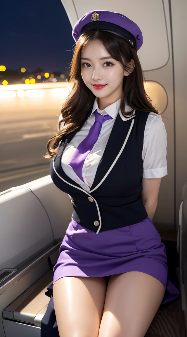 (((opened her legs apart、opened the legs apart)))、(((full body,including legs、sitting down,opened legs apart)))、(((perfect uniform of Japanese stewardess, perple uniform,necktie, purple vest-dress uniform、purple small hat, (black high-heel),  little smile,white blouse,tight blouse、purple tight skirt))), white gloves, short gloves,  high heel、(((transparant nipples,stands out nipples))),Dressed up、(Photo real:1.4)、(A hyper-realistic:1.4)、(Photorealistic:1.3)、 (gentle lighting: 1.05)、(Improve the lighting quality of your video:0.9)、32k、 1Girl、28years old girl、photorealistic lighting、Back lighting、Facial Lights、Ray Trace、(bright:1.2)、(Increase quality:1.4)、 (best quality real texture skin)、Fair eyes,Delicate and delicate face, Close-up of the breasts, white blouse,tight blouse,tight jump-skirt , (Bodyline mood improvement:1.1)、Glossy skin、wavy hair,blonde hair,韓国アイドル、乃木坂アイドル、Sculptural Idol Pose、little smile,blush,Beautiful actress、Neat woman,whole body, (((midium breasts,beautiful breasts))),(perfect row of teeth),slender waist and hip,beautiful long legull shot)、((8heads tall)、(((誘惑している、恥ずかしい)))、(((opened her legs apart、opened the legs apart)))、 dynamic pose,gravure pose,(eye shadow),((red cheek、red lips)),Super Clean Night View、night time、blush,little smile,(((full shot)))、Super Clean Night View、night time、blush,little smile,(((in the air plane))),