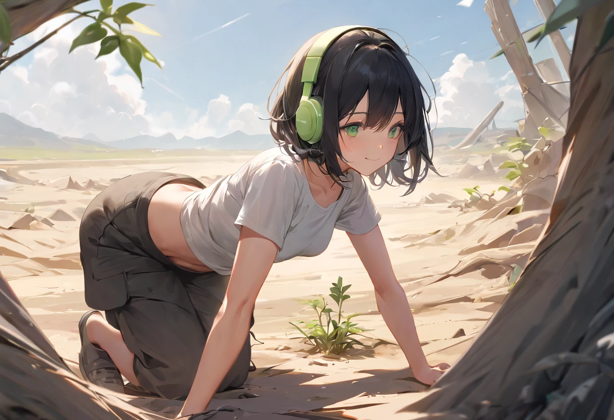 A woman wearing light clothes, short black hair, bright green eyes, and a headphone. She has medium-sized breasts and a toned, strong body. She is crouched down, touching a single plant in a barren land. She is smiling, and it's a sunny and beautiful day. 
An image that inspires calmness, tranquility, lightness, simplicity, and comfort. Is post apocalypitc, but everyting is gonna be alright.