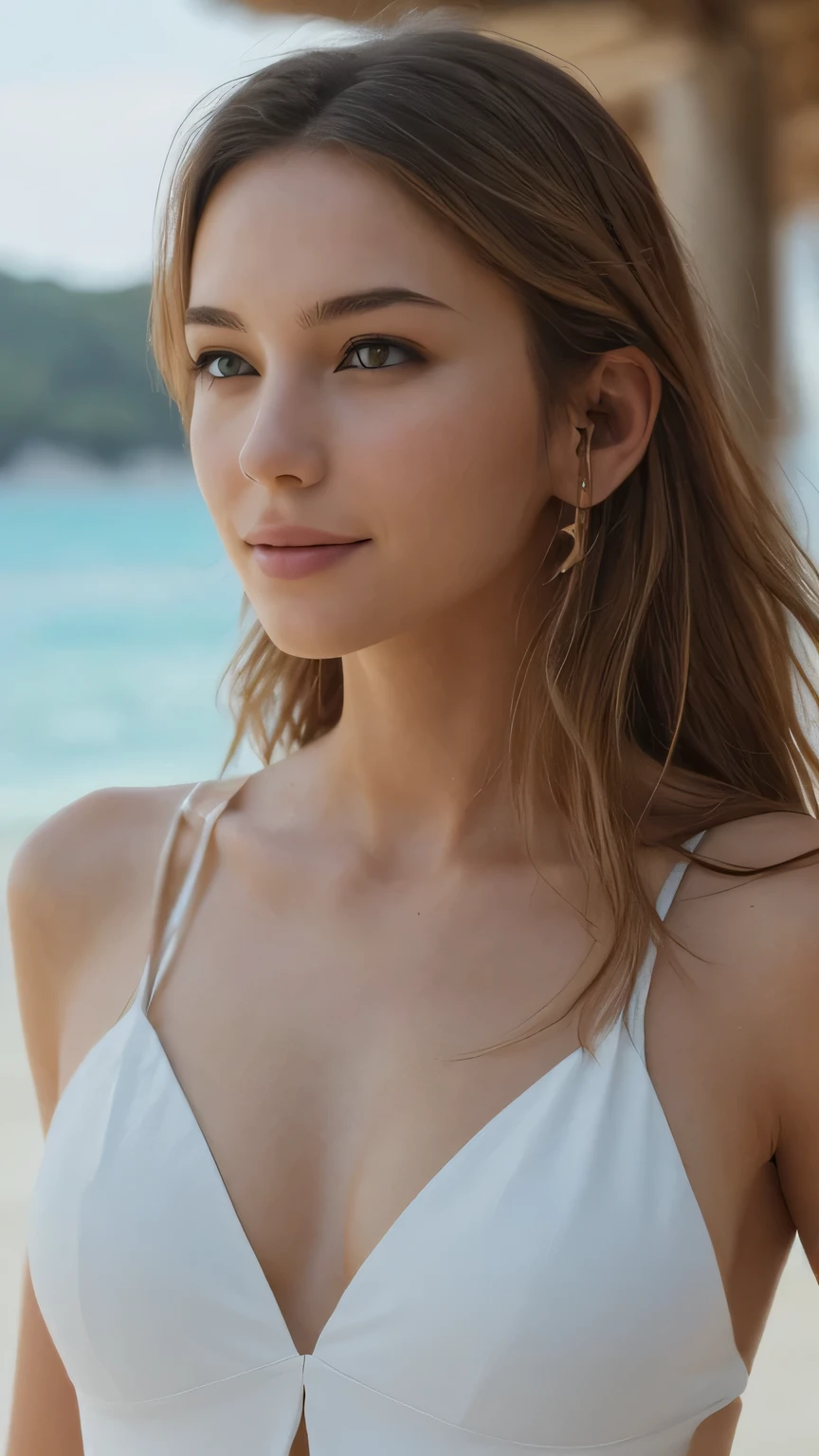 monokini one piece swimsuit, I can see the cleavage, 柔らかいbig breasts, smile, Beautiful European models, tropical beach, sunlight, 1 Girl with a beautiful face, Professional upper body photo shoot, (photo 4k:1.1) , (sharp focus:1.3), high detail, Instagram pattern pose, With confidence, slim girl, big breasts:1.3, perfect anatomy, perfect symmetry:1.3, realistic, realistic face:1.2, perfect face, content, With confidence, very detailed, and dramatic, cinematic lighting, lighting scene, soft light