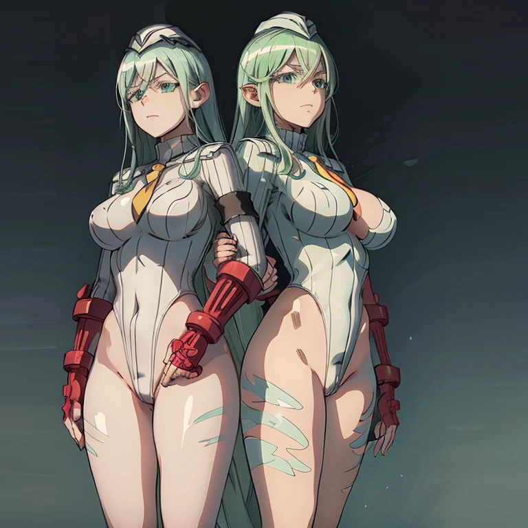 ultra-detailed, Explicit, Beautiful body, Beautiful Nose, Beautiful character design, perfect eyes, perfect face, ultra highres, 4K, beautiful legs, perfect legs, Nice hands, Perfect hand, Masterpiece, Best Quality, Highly detailed, illustration, absurdres, perfect anatomy, street fighter, doll suit, shadaloo doll, dollsuit, expressionless, blank eyes, looking at viewer, red gloves, emotionless, black latex, corrution, mind control, female combatant, full body, hypnotized, unhappy trance, full body suit, ribbed bodysuit, both arms at side, obey, perfect female body, extremely glossy latex, hypnosis, hypnoLora, empty eyes, Mind control device, poses, submissive_pose, Slave, hat, necktie, stand up straight, standing, standing at attention, hat, necktie, belt, latex, ribbed bodysuit, thighhighs, garter belt, Fighting Stance, extending the right arm from the shoulder into the air with a straightened hand, military, thigh boots, 1girl, hair ornaments, green hair, long hair, green eyes, Magical Girl Spec-Ops Asuka, Tabira