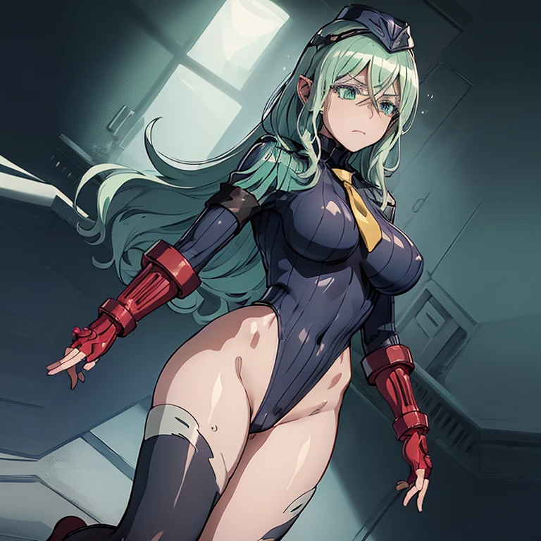 ultra-detailed, Explicit, Beautiful body, Beautiful Nose, Beautiful character design, perfect eyes, perfect face, ultra highres, 4K, beautiful legs, perfect legs, Nice hands, Perfect hand, Masterpiece, Best Quality, Highly detailed, illustration, absurdres, perfect anatomy, street fighter, doll suit, shadaloo doll, dollsuit, expressionless, blank eyes, looking at viewer, red gloves, emotionless, black latex, corrution, mind control, female combatant, full body, hypnotized, unhappy trance, full body suit, ribbed bodysuit, both arms at side, obey, perfect female body, extremely glossy latex, hypnosis, hypnoLora, empty eyes, Mind control device, poses, submissive_pose, Slave, hat, necktie, stand up straight, standing, standing at attention, hat, necktie, belt, latex, ribbed bodysuit, thighhighs, garter belt, Fighting Stance, extending the right arm from the shoulder into the air with a straightened hand, military, thigh boots, 1girl, hair ornaments, green hair, long hair, green eyes, Magical Girl Spec-Ops Asuka, Tabira