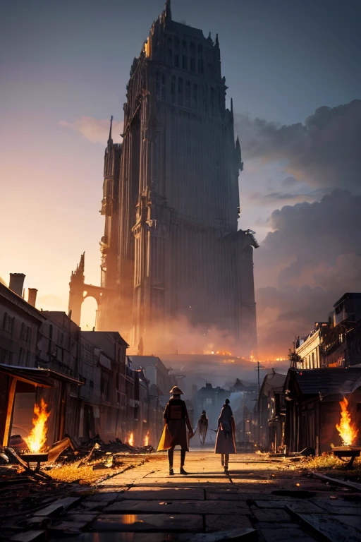 (high resolution,Super detailed,actual)a village,People holding torches in hands, Surrounded by lush trees and clear blue sky. when they come together,The light of the torch illuminated their determined expressions. In the background, A city in ruins, Devastated by the consequences of devastating war. The remains of buildings and crumbling architecture are clear reminders of the past. in chaos, Animated movie screenshot captures moment frozen in time, Show intricate details of characters and their surroundings. When the camera pans, Views reveal the vastness of the ruined city, Thick smoke rises from a burning scene in the distance. ocean, called Ise Bay, extending to the horizon, Provide a melancholic backdrop to the scene. The opening scene sets the stage for the events to follow., Create an atmosphere of expectation and mystery. Lighting plays a vital role, Torches cast flickering shadows on the ground,Injects a warm atmosphere into the whole scene, golden light. Integration with village environment, Ruined cityscape, and animated movie screenshots added a unique blend of elements, Produce captivating and visually stunning artwork.