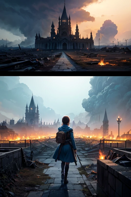 (high resolution,Super detailed,actual)a village，People holding torches in hands, Surrounded by lush trees and clear blue sky. when they come together，The light of the torch illuminated their determined expressions. In the background, A city in ruins, Devastated by the consequences of devastating war. The remains of buildings and crumbling architecture are clear reminders of the past. in chaos, Animated movie screenshot captures moment frozen in time, Show intricate details of characters and their surroundings. When the camera pans, Views reveal the vastness of the ruined city, Thick smoke rises from a burning scene in the distance. ocean, called Ise Bay, extending to the horizon, Provide a melancholic backdrop to the scene. The opening scene sets the stage for the events to follow., Create an atmosphere of expectation and mystery. Lighting plays a vital role, Torches cast flickering shadows on the ground，Injects a warm atmosphere into the whole scene, golden light. Integration with village environment, Ruined cityscape, and animated movie screenshots added a unique blend of elements, Produce captivating and visually stunning artwork.