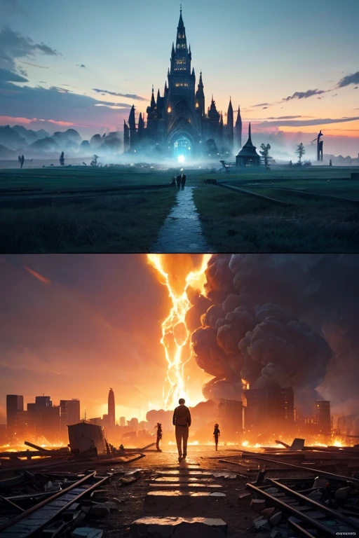 (high resolution,Super detailed,actual)a village，People holding torches in hands, Surrounded by lush trees and clear blue sky. when they come together，The light of the torch illuminated their determined expressions. In the background, A city in ruins, Devastated by the consequences of devastating war. The remains of buildings and crumbling architecture are clear reminders of the past. in chaos, Animated movie screenshot captures moment frozen in time, Show intricate details of characters and their surroundings. When the camera pans, Views reveal the vastness of the ruined city, Thick smoke rises from a burning scene in the distance. ocean, called Ise Bay, extending to the horizon, Provide a melancholic backdrop to the scene. The opening scene sets the stage for the events to follow., Create an atmosphere of expectation and mystery. Lighting plays a vital role, Torches cast flickering shadows on the ground，Injects a warm atmosphere into the whole scene, golden light. Integration with village environment, Ruined cityscape, and animated movie screenshots added a unique blend of elements, Produce captivating and visually stunning artwork.