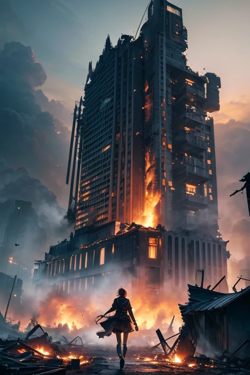 (best quality,4K,8k,high resolution,masterpiece:1.2),Super detailed,actual,photoactual:1.37,dynamic lighting,Bokeh,Warm colors,Squeeze,energetic,fear,concept artist,hazy atmosphere,The presence,mysterious shadow,chaotic scene,Broken dreams,desolate landscape,gothicarchitecture,smoke and ashes,drama composition,Spectacular fire effects,ominous skies,devastating consequences,Destroyed buildings,people running in panic,surreal atmosphere,serious situation,terrible disaster en.weekpedia.organize/week/disaster,despair,Tormented souls,derelict house