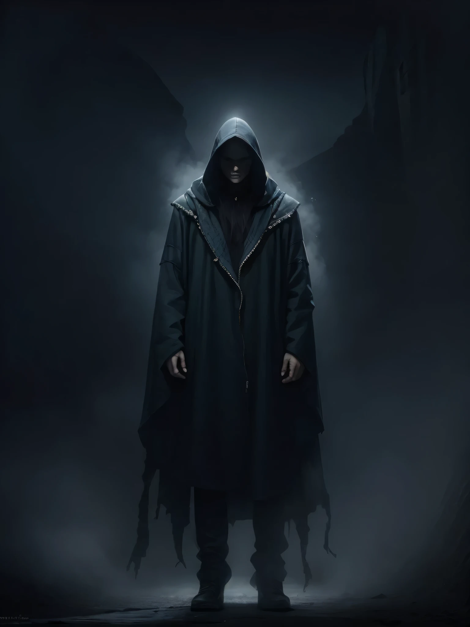 sharp man in a hooded jacket standing in a foggy area, necromante de capa escura, espectro de capuz escuro, figura encapuzada escura, arte conceitual sombria, arte de terror fantasia sombria, personagem sombrio e misterioso, Arte conceitual de fantasia sombria, vestido escuro, design de personagens de fantasia sombria, conceito de alma escura, o Ceifador, o ceifador como um assustador