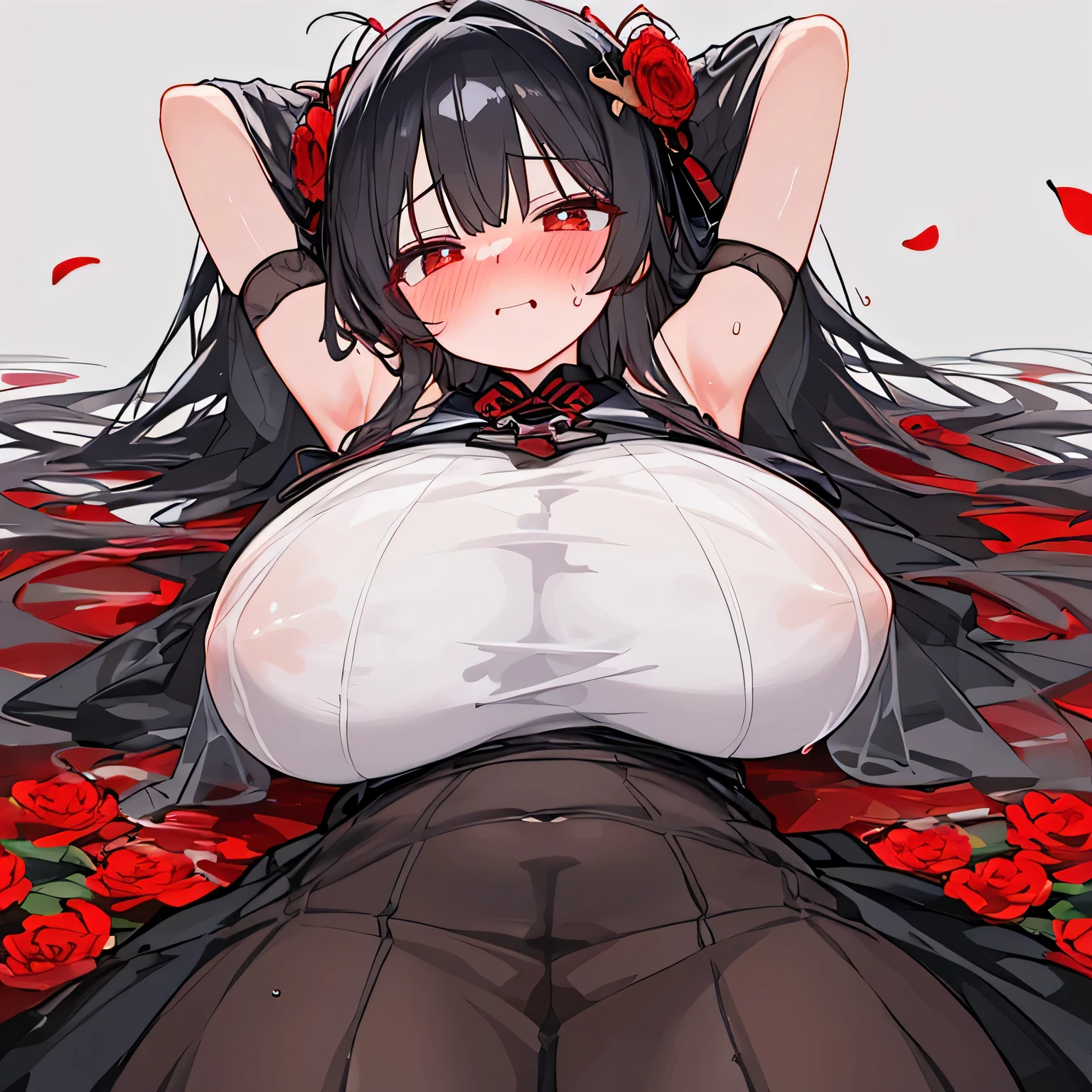 absurdity , a high resolution, 8K,{{ultra detailed}}, {{illustration}}, (Beautiful Detailed eyes), Beautiful, Amazing, Detailed eyes, (((masterpiece))), (((Vampire girl in chibi style))), BREAK, Red Shadow, BREAK, Looking at the viewer, embarrassed, (blush:1.5), BREAK, (Nihonga, Sumi-e), BREAK, Illustrate a translucent watercolor painting., with delicate shades of color, fine mixing, fabulous quality, BREAK, ((huge inverted nipples:1.5)) (very large breasts:1.8, giant breasts:1.8), (look through:2), long black hair, Red eyes, black knee socks, BREAK, (((night, detailed information, on open air, red flowers))) (Wet Cloth:1.5), ((armpits)), bare shoulders