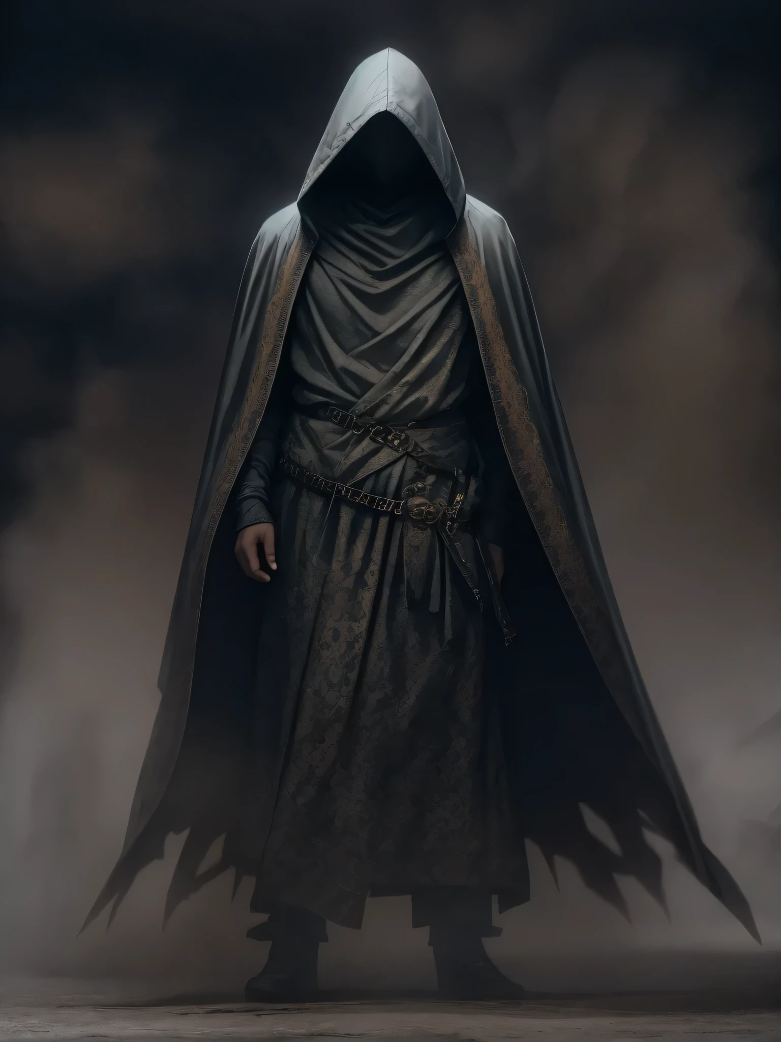 sharp man in a hooded jacket standing in a foggy area, necromante de capa escura, espectro de capuz escuro, figura encapuzada escura, arte conceitual sombria, arte de terror fantasia sombria, personagem sombrio e misterioso, Arte conceitual de fantasia sombria, vestido escuro, design de personagens de fantasia sombria, conceito de alma escura, o Ceifador, o ceifador como um assustador