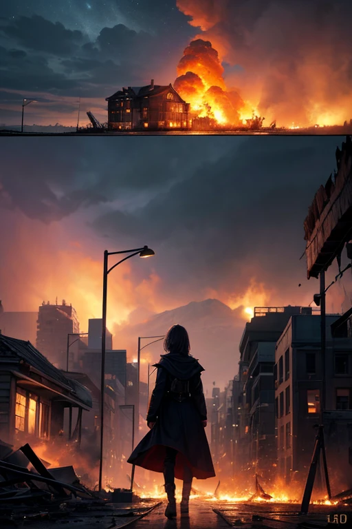 (best quality,4K,8k,high resolution,masterpiece:1.2),Super detailed,actual,photoactual:1.37,dynamic lighting,Bokeh,Warm colors,Squeeze,energetic,fear,concept artist,hazy atmosphere,The presence,mysterious shadow,chaotic scene,Broken dreams,desolate landscape,gothicarchitecture,smoke and ashes,drama composition,Spectacular fire effects,ominous skies,devastating consequences,Destroyed buildings,people running in panic,surreal atmosphere,serious situation,terrible disaster en.weekpedia.organize/week/disaster,despair,Tormented souls,derelict house