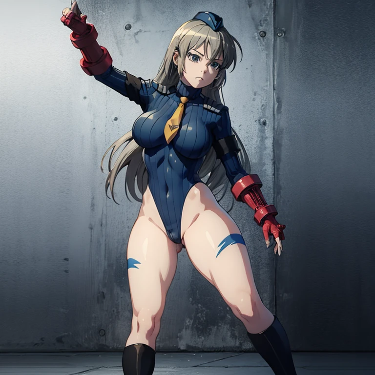 ultra-detailed, Explicit, Beautiful body, Beautiful Nose, Beautiful character design, perfect eyes, perfect face, ultra highres, 4K, beautiful legs, perfect legs, Nice hands, Perfect hand, Masterpiece, Best Quality, Highly detailed, illustration, absurdres, perfect anatomy, street fighter, doll suit, shadaloo doll, dollsuit, expressionless, blank eyes, looking at viewer, red gloves, emotionless, black latex, corrution, mind control, female combatant, full body, hypnotized, unhappy trance, full body suit, ribbed bodysuit, both arms at side, obey, perfect female body, extremely glossy latex, hypnosis, hypnoLora, empty eyes, Mind control device, poses, submissive_pose, Slave, hat, necktie, stand up straight, standing, standing at attention, hat, necktie, belt, latex, ribbed bodysuit, thighhighs, garter belt, Fighting Stance, extending the right arm from the shoulder into the air with a straightened hand, military, thigh boots, 1girl, hair ornaments, grey hair, long hair, green eyes, Ootorii Asuka, Magical Girl Spec-Ops Asuka