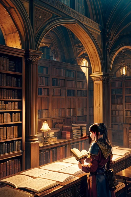 Topic prompts "a room with a desk and bookshelves, Alchemist library background, library background, Ancient library, Standing in a magical library, Dusty library, Being in a library, Infinite celestial library, Castle library, Dimly lit library, Ruina concept art library, In a dark library, library, Add some context = library, Small library, Old library, Magical library" possible: "A girl standing in a dimly lit library with a table and bookshelf, Surrounded by ancient tomes and dusty tomes. The room exudes mystery and charm, Soft light through stained glass windows. Girl immerses herself in her surroundings, Fascinated by vast amounts of knowledge. The library is reminiscent of an alchemist's sanctum, full of ancient manuscripts, Potion ingredients, and alchemical equipment. Bookshelf filled with leather-bound books, Their worn spines show the wisdom of the years. The walls are decorated with intricate tapestries,Diagram depicting mythical creatures and celestial bodies. The atmosphere was solemn and solemn, As if time itself held its breath within the walls. Girl wearing simple but elegant clothes, Her eyes sparkled with curiosity,Her hands delicately trace the lines of the words. Every detail is conveyed in ultra-detailed fashion, Realistic quality, Capturing the texture of weathered pages and the flickering flames of candlelight. The overall color palette is rich and warm, with deep red tinge, Earthy brown, and golden embellishments. The lighting casts gentle shadows, reveals the complexity of the room's structure and highlights the girl's intensity and concentration. This masterpiece transports viewers into a realm of magic and knowledge, inviting them to delve into the secrets that lie within the boundless shelves of the library."