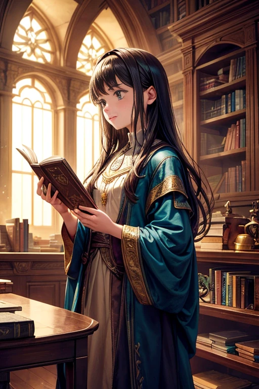Topic prompts "a room with a desk and bookshelves, Alchemist library background, library background, Ancient library, Standing in a magical library, Dusty library, Being in a library, Infinite celestial library, Castle library, Dimly lit library, Ruina concept art library, In a dark library, library, Add some context = library, Small library, Old library, Magical library" possible: "A girl standing in a dimly lit library with a table and bookshelf, Surrounded by ancient tomes and dusty tomes. The room exudes mystery and charm, Soft light through stained glass windows. Girl immerses herself in her surroundings, Fascinated by vast amounts of knowledge. The library is reminiscent of an alchemist's sanctum, full of ancient manuscripts, Potion ingredients, and alchemical equipment. Bookshelf filled with leather-bound books, Their worn spines show the wisdom of the years. The walls are decorated with intricate tapestries,Diagram depicting mythical creatures and celestial bodies. The atmosphere was solemn and solemn, As if time itself held its breath within the walls. Girl wearing simple but elegant clothes, Her eyes sparkled with curiosity,Her hands delicately trace the lines of the words. Every detail is conveyed in ultra-detailed fashion, Realistic quality, Capturing the texture of weathered pages and the flickering flames of candlelight. The overall color palette is rich and warm, with deep red tinge, Earthy brown, and golden embellishments. The lighting casts gentle shadows, reveals the complexity of the room's structure and highlights the girl's intensity and concentration. This masterpiece transports viewers into a realm of magic and knowledge, inviting them to delve into the secrets that lie within the boundless shelves of the library."