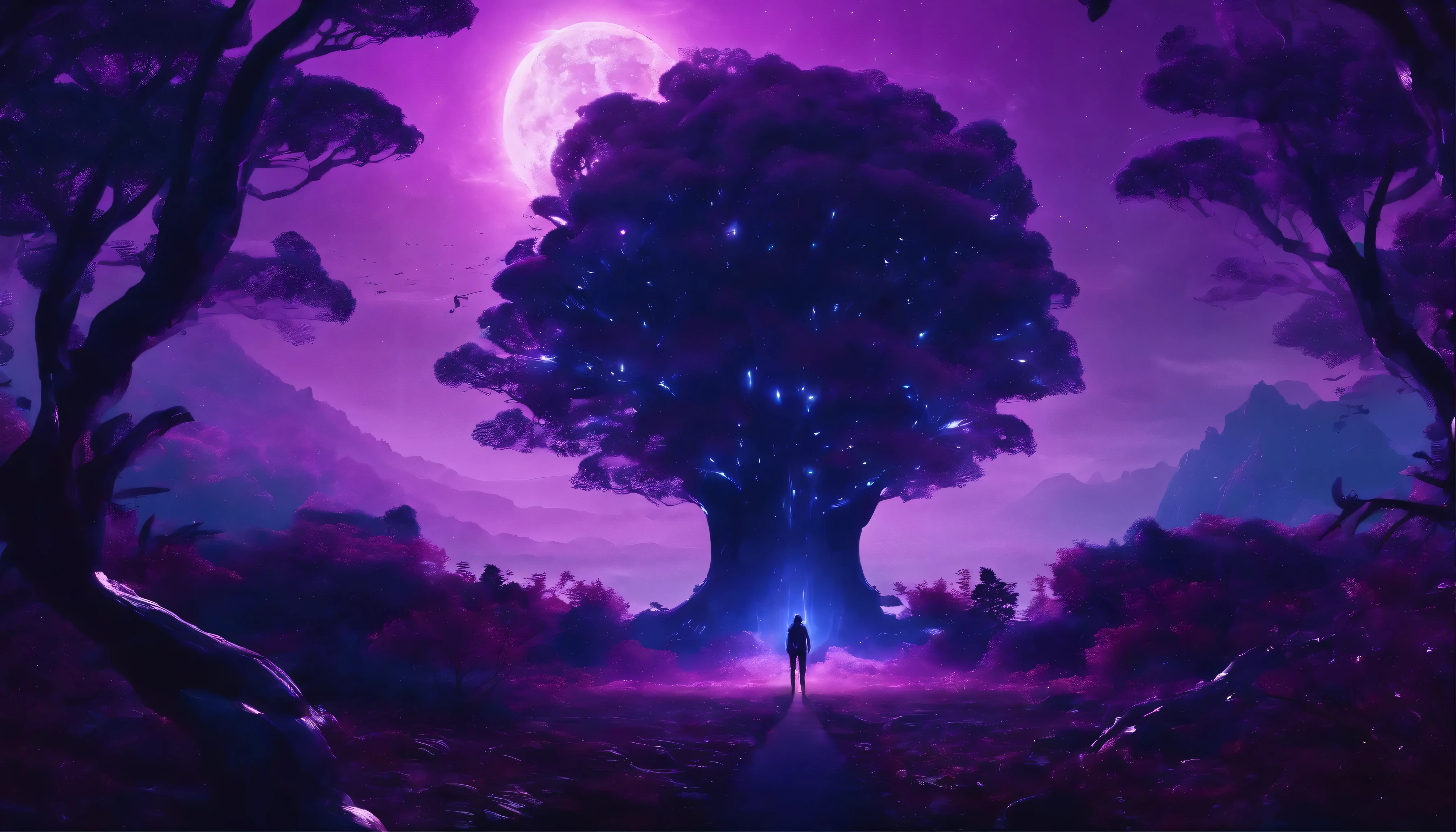 (best quality,4k,highres),dark forest landscape at night with a full moon,20mm cinema lens,purple and black color scheme,trees