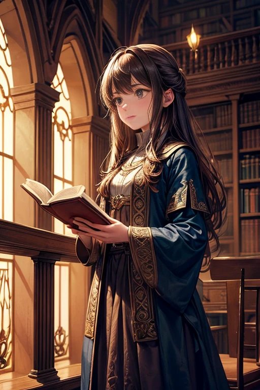 Topic prompts "a room with a desk and bookshelves, Alchemist library background, library background, Ancient library, Standing in a magical library, Dusty library, Being in a library, Infinite celestial library, Castle library, Dimly lit library, Ruina concept art library, In a dark library, library, Add some context = library, Small library, Old library, Magical library" possible:
"A girl standing in a dimly lit library with a table and bookshelf, Surrounded by ancient tomes and dusty tomes. The room exudes mystery and charm, Soft light through stained glass windows. Girl immerses herself in her surroundings, Fascinated by vast amounts of knowledge. The library is reminiscent of an alchemist's sanctum, full of ancient manuscripts, Potion ingredients, and alchemical equipment. Bookshelf filled with leather-bound books, Their worn spines show the wisdom of the years. The walls are decorated with intricate tapestries,Diagram depicting mythical creatures and celestial bodies. The atmosphere was solemn and solemn, As if time itself held its breath within the walls. Girl wearing simple but elegant clothes, Her eyes sparkled with curiosity,Her hands delicately trace the lines of the words. Every detail is conveyed in ultra-detailed fashion, Realistic quality, Capturing the texture of weathered pages and the flickering flames of candlelight. The overall color palette is rich and warm, with deep red tinge, Earthy brown, and golden embellishments. The lighting casts gentle shadows, reveals the complexity of the room's structure and highlights the girl's intensity and concentration. This masterpiece transports viewers into a realm of magic and knowledge, inviting them to delve into the secrets that lie within the boundless shelves of the library."