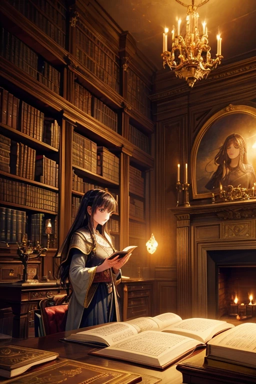Topic prompts "a room with a desk and bookshelves, Alchemist library background, library background, Ancient library, Standing in a magical library, Dusty library, Being in a library, Infinite celestial library, Castle library, Dimly lit library, Ruina concept art library, In a dark library, library, Add some context = library, Small library, Old library, Magical library" possible:

"A girl standing in a dimly lit library with a table and bookshelf, Surrounded by ancient tomes and dusty tomes. The room exudes mystery and charm, Soft light through stained glass windows. Girl immerses herself in her surroundings, Fascinated by vast amounts of knowledge. The library is reminiscent of an alchemist's sanctum, full of ancient manuscripts, Potion ingredients, and alchemical equipment. Bookshelf filled with leather-bound books, Their worn spines show the wisdom of the years. The walls are decorated with intricate tapestries，Diagram depicting mythical creatures and celestial bodies. The atmosphere was solemn and solemn, As if time itself held its breath within the walls. Girl wearing simple but elegant clothes, Her eyes sparkled with curiosity，Her hands delicately trace the lines of the words. Every detail is conveyed in ultra-detailed fashion, Realistic quality, Capturing the texture of weathered pages and the flickering flames of candlelight. The overall color palette is rich and warm, with deep red tinge, Earthy brown, and golden embellishments. The lighting casts gentle shadows, reveals the complexity of the room&#39;s structure and highlights the girl&#39;s intensity and concentration. This masterpiece transports viewers into a realm of magic and knowledge, inviting them to delve into the secrets that lie within the boundless shelves of the library."