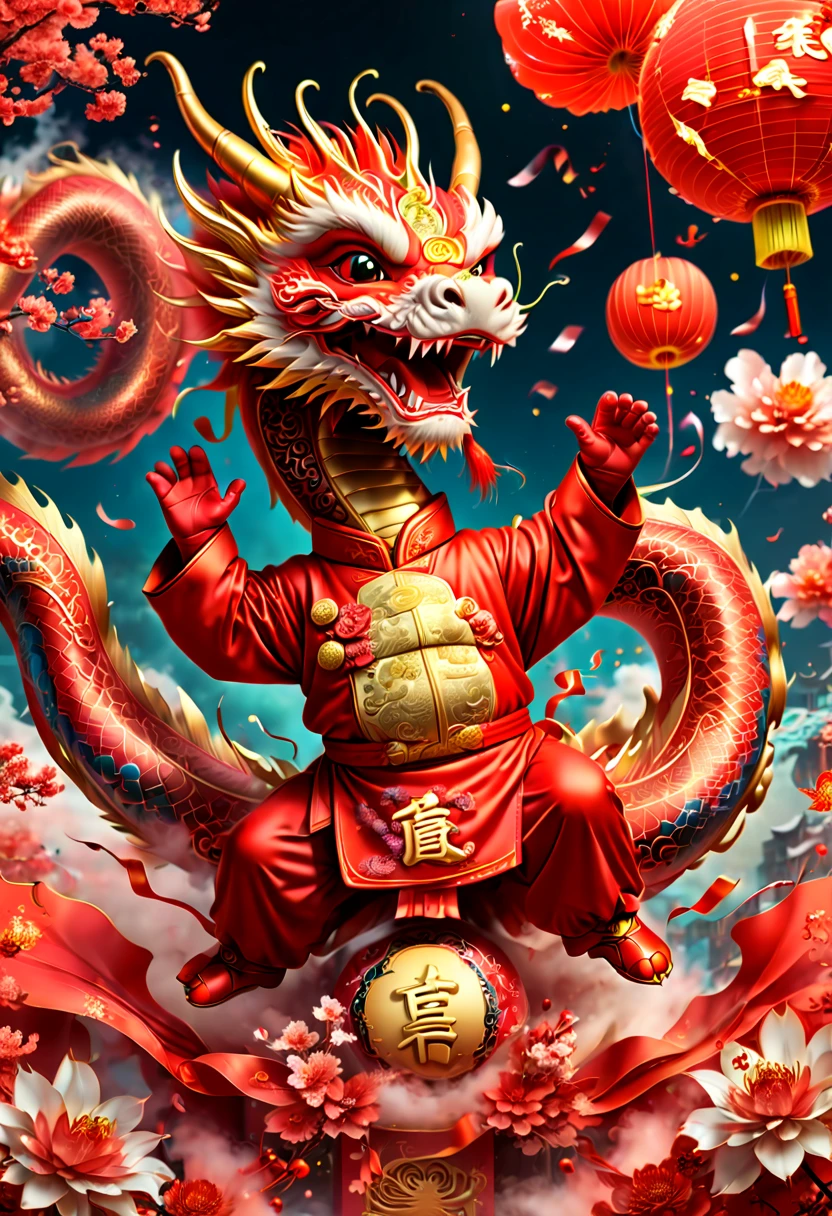 text "China", Chinese New Year "2024", dragon cub, red clothes, Opening paper fireworks, strong festive atmosphere, Chinese elements, panoramic view, Ultra high saturation, (best quality, masterpiece, Representative work, official art, Professional, 8k)