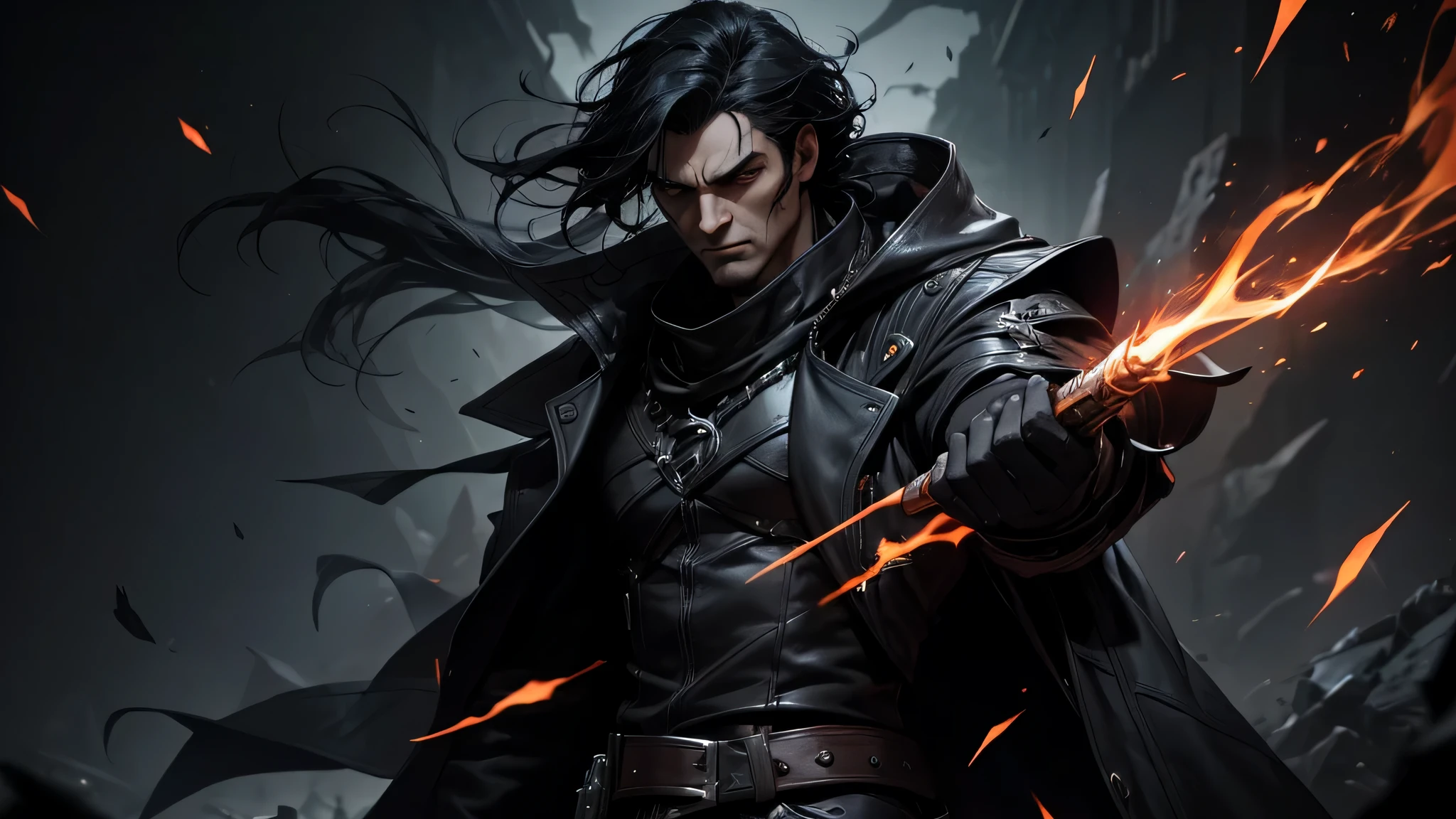 ASCIIportrait, solo, half shot, detailed background, detailed face, (<lora:ultrablackholetech:0.6>,    ulblackholetech theme:1.1),  angry expression, dark warrior, vampiric, gray clothes, spiked armor, cape,  dynamic pose, floating particles, embers, shadows in background, <lora:fire_vfx:0.4>, flames in background, misty dark sinister atmosphere, stormclouds, dark night,