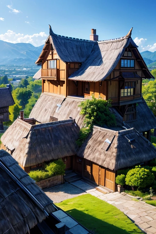 (best quality,4K,8k,high resolution,masterpiece:1.2),Super detailed,(actual,photoactual,photo-actual:1.37),illustration,anime style house,Has a thatched roof and large windows,Cozy multi-dimensional bistro,Frames from popular Isshoni anime,Magical bustling town,Yurucamp Featured Anime Stills,anime screenshot,Celebrity style anime portrait