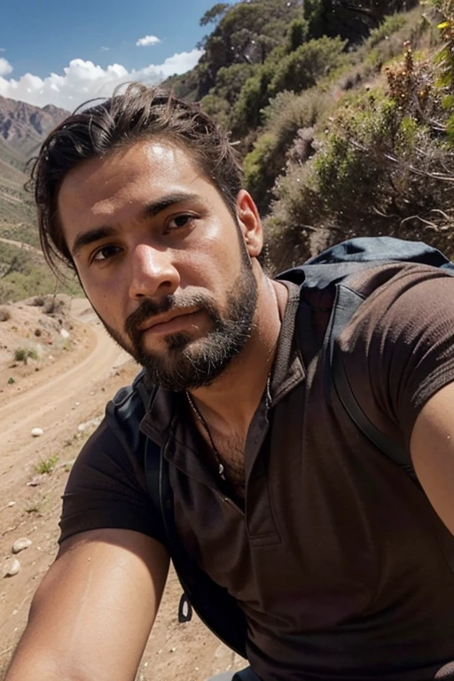 quiero un hombre guapo con barba haciendose un selfie en una ruta de senderismo