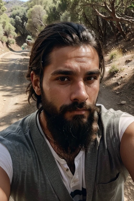 quiero un hombre guapo con barba haciendose un selfie en una ruta de senderismo
