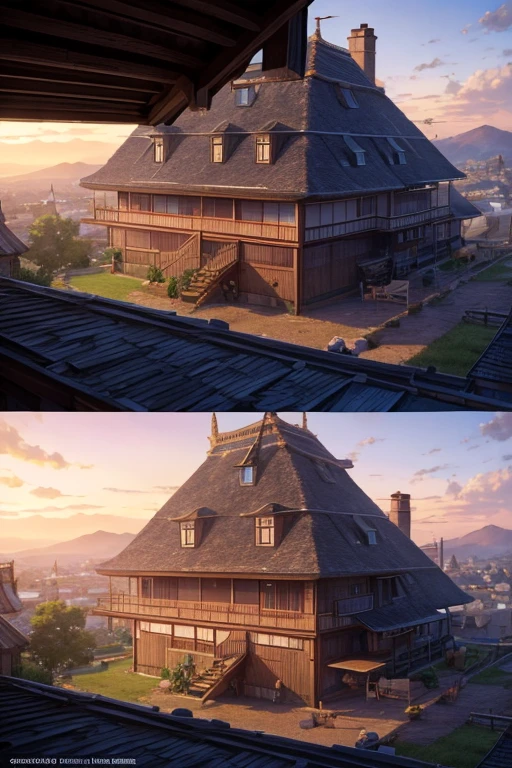 (best quality,4k,8k,highres,masterpiece:1.2), ultra-detailed, (realistic,photorealistic,photo-realistic:1.37), illustration, anime-style house with a thatched roof and large windows, a cozy multidimensional tavern, popular frames from the anime Isshoni, magical bustling town, selected anime stills from Yurucamp, screenshots from anime movies, celebrity-style anime portraits