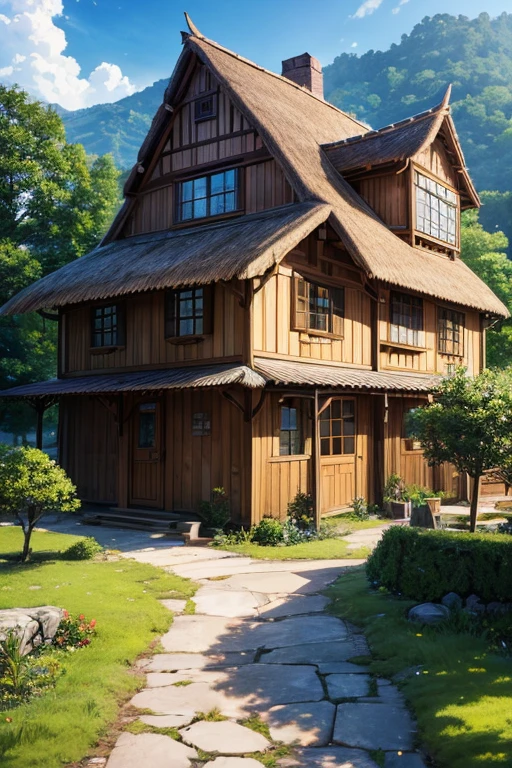 (best quality,4k,8k,highres,masterpiece:1.2), ultra-detailed, (realistic,photorealistic,photo-realistic:1.37), illustration, anime-style house with a thatched roof and large windows, a cozy multidimensional tavern, popular frames from the anime Isshoni, magical bustling town, selected anime stills from Yurucamp, screenshots from anime movies, celebrity-style anime portraits