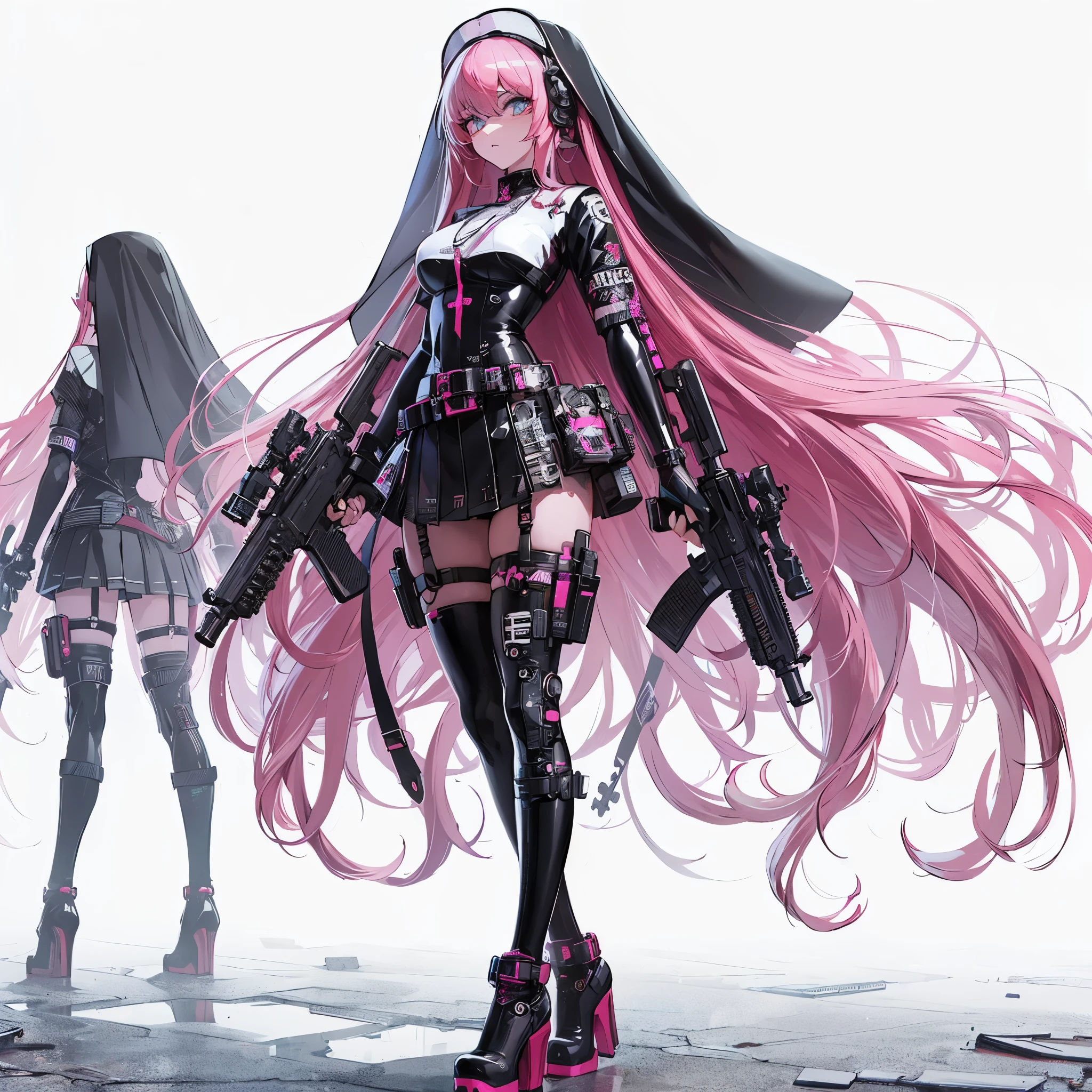 
(masterpiece, Best Quality), (Perfect athlete body:1.2), (detailed hairs), Ultra-detailed, Anime style, Full body, Solo, Cyberpunk exorcist girl, pink-long hair, dressed in cyberpunk PVC nun's uniform, each holding a huge pistol in her hand, high-heeled boots, standing on wasteland, 8k high resolution, white background, （（whole body））standing still
