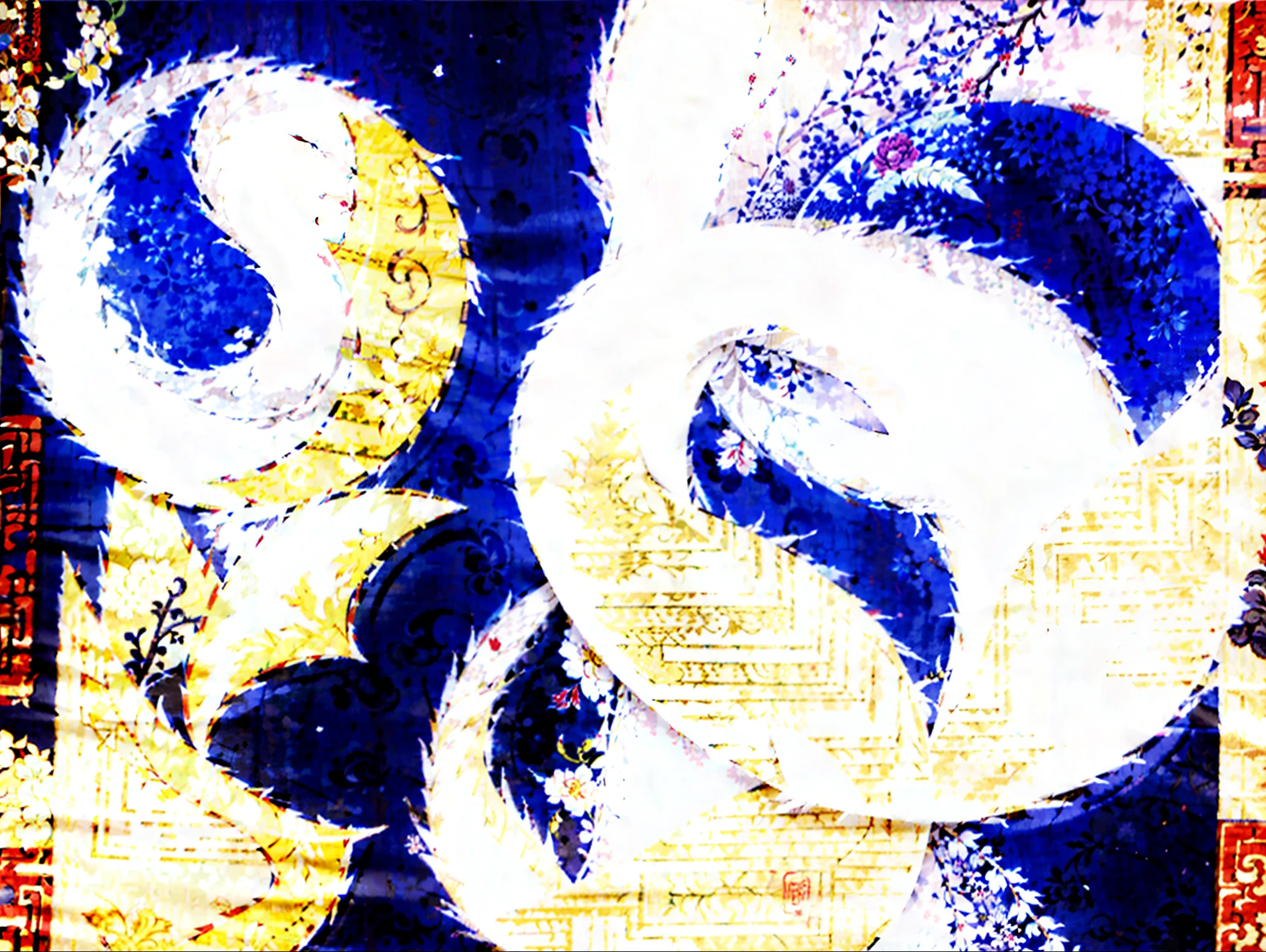 a work of art, Chinese mythology and culture and philosophy. A collage on a soft yellow background on rice paper. On the left side of the collage, draw a traditional Chinese dragon with exquisite patterns. Above the dragon, draw an inverted abstract ink drawing similar to rocks or mountains. To the right of this drawing, draw ink strokes similar to bamboo shoots and the yin yang sign in the form of two fish. At the bottom on the right side of the collage, draw figures in traditional Chinese clothes. The princess of incredible beauty can clearly see the face of expensive silk traditional clothes and the Linlian prince is a young handsome man, all the details of the face in traditional Chinese clothes are very clearly worked out. They are madly in love. Very beautiful. The philosophy of the Book of Changes. Everything looks like antiques -- 10:16