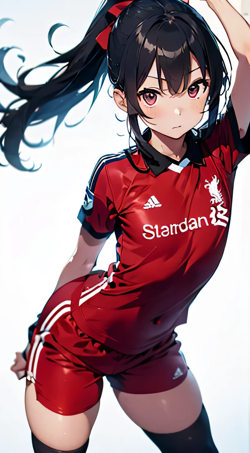 Liverpool Soccer Jerseys(sincerity),Immaculate world、pure white background、one girl,Full body standing、in an upright position, Very short pants,red pants, long socks,Soccer Jerseys、Red Jersey、ponytail、liverpool jersey,thin and soft body, Very short pants,Insert the top of the head、clothes don'Don't make a mess,red Very short pants,from head to toe,He stood defiantly with his arms crossed.,red shorts,