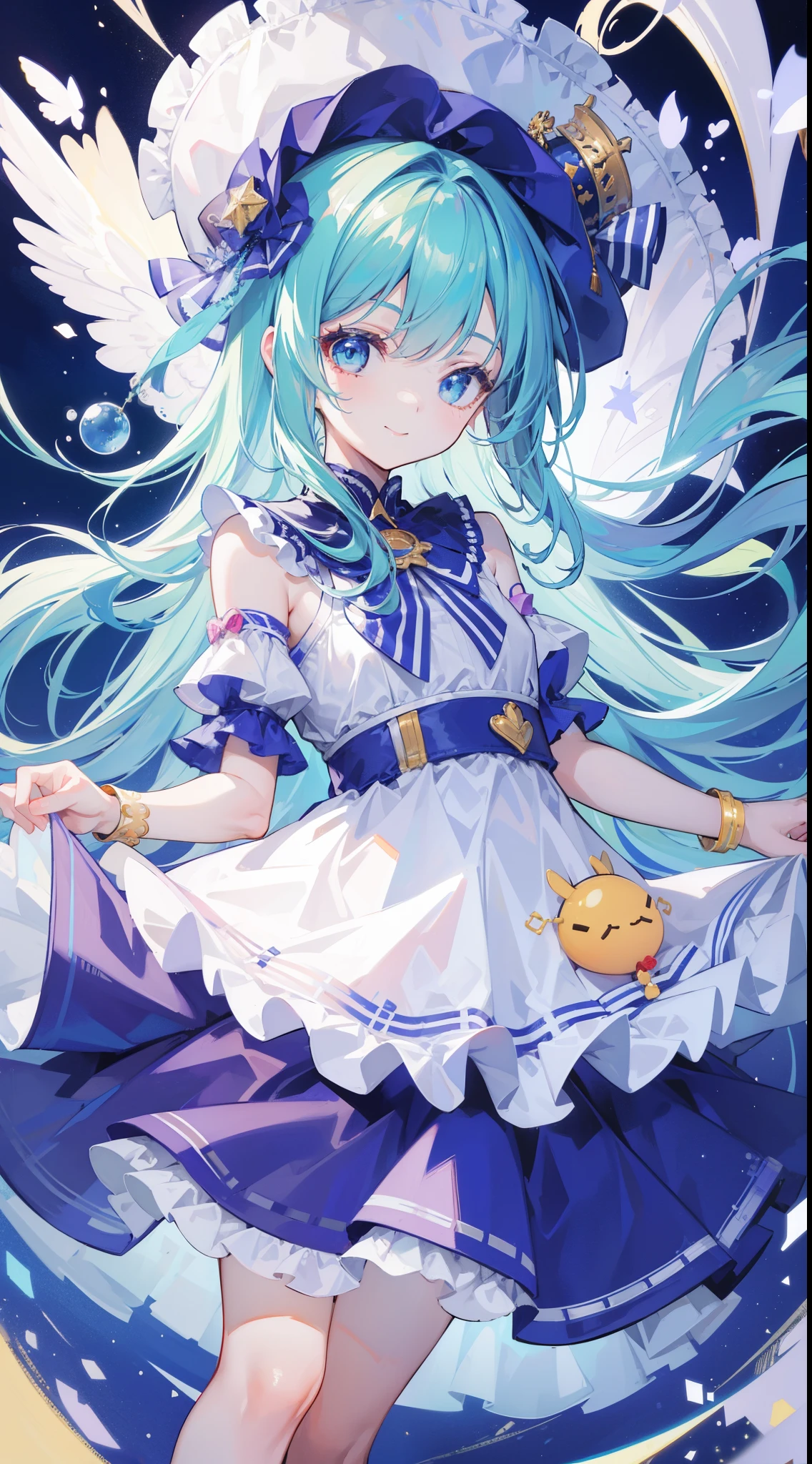 32k, best quality, ultra-detailed, high resolution, perfect anatomy, head on, cute girl, cute dress, cute hat, cute smile, colorful background, 