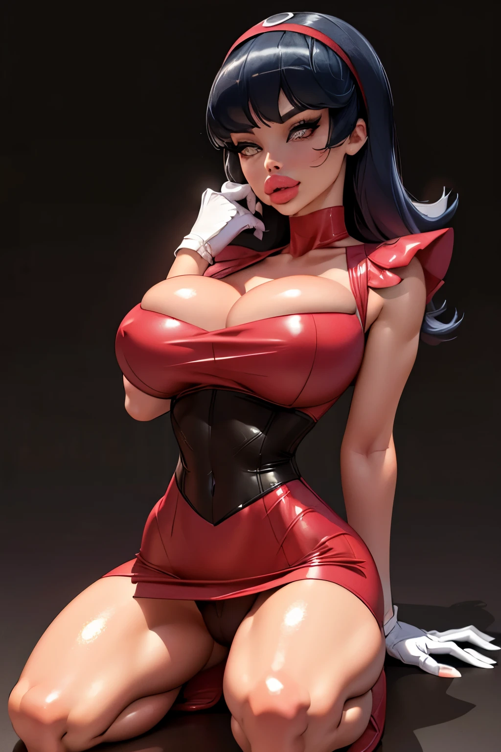Generate an illustration of a mature Sabrina, gym leader of pokemon, (large shoulder pads), black gloves, (Aletta ocean face), hairband, de terno preto, long straight hair, hair flows straight down, (dark black hair), long red dress, Red outfit in anime format with a serious style, button corset, black boots, gothic make up, masterpiece, dark lighting, black background, puffy lips,slendered abs, beautiful face,
