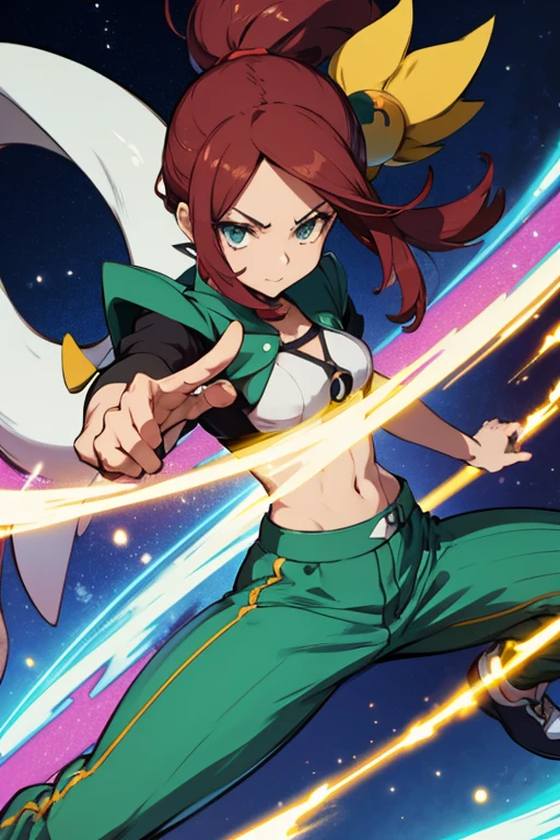 anime, estilo pokemon, garota, folclore brasileiro, dynamic pose, atacando o espectador