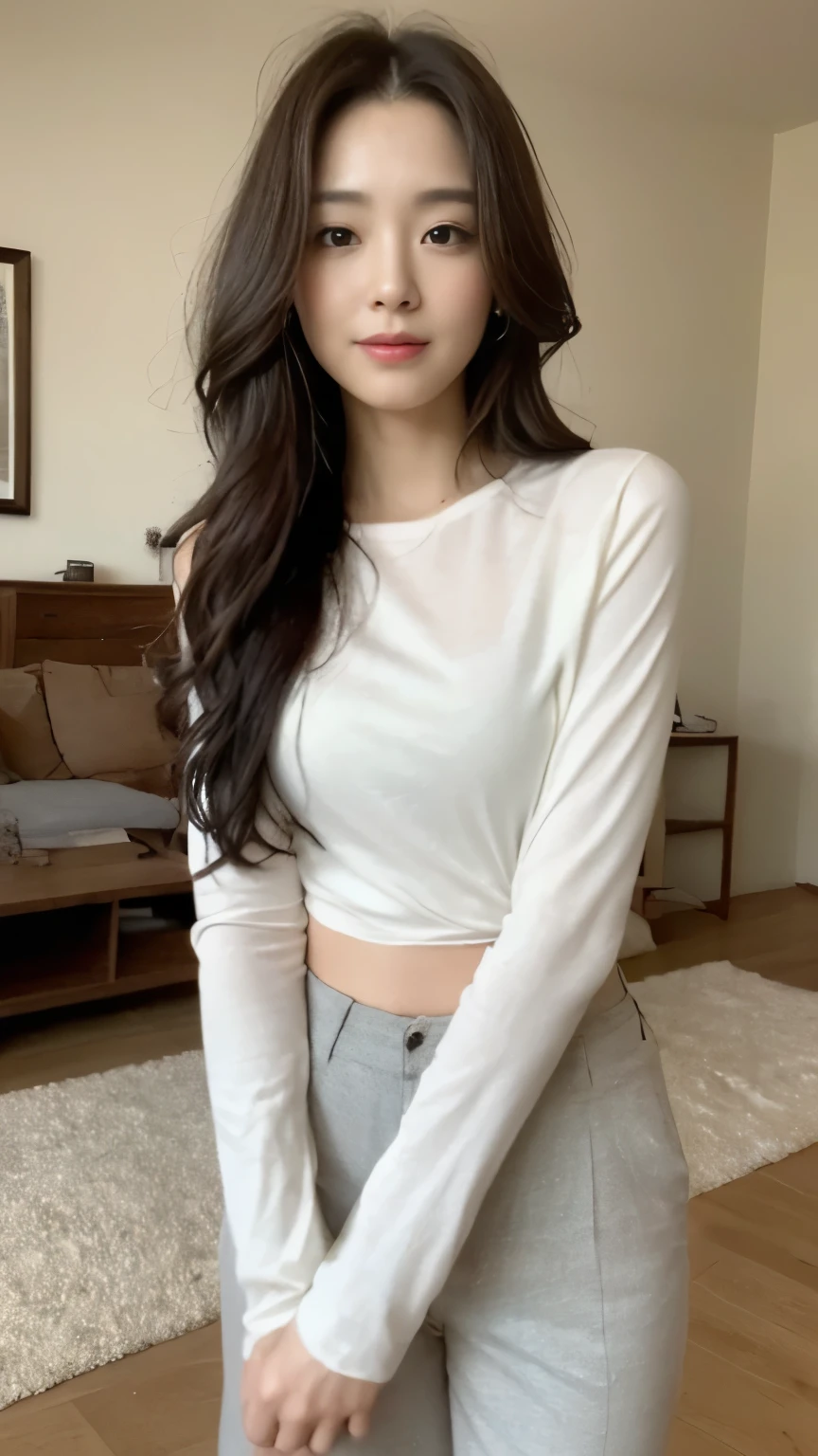 ((top-quality、8k、masterpiece:1.3))、Beautiful woman with perfect body:1.4、slim abdomen:1.2、Longhair, normal breast, Highly detailed facial and skin texture, A detailed eye, delicate eyes, (smile), (full body shot), ((living room)), (sitting on chair), (((wearing long sleeve white shirt with long pants))), looking in front,
