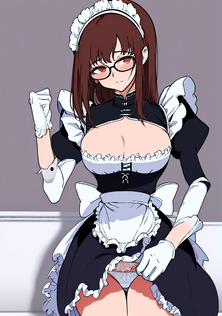 Masterpiece, Best Quality, extremly detailed, Cinematic lighting, intricate detials, hight resolution, official arts, finely detailed beautiful face and eyes, high-resolution illustration, 8K, dark intense shadows, 1girl, medium breast, long brown hair, copper hair tips, brown eyes, glasses, (swept bangs), maid uniform, dark blue dress, black shirt, puffy sleeves, long sleeves, (white waist apron), white gloves, maid headdress, lace-up white panties, broken look, broken, blushing, tears, cum, blood, cum and blood flowing out of pussy, bare breasts, pubic hair, show pussy, lying on the floor