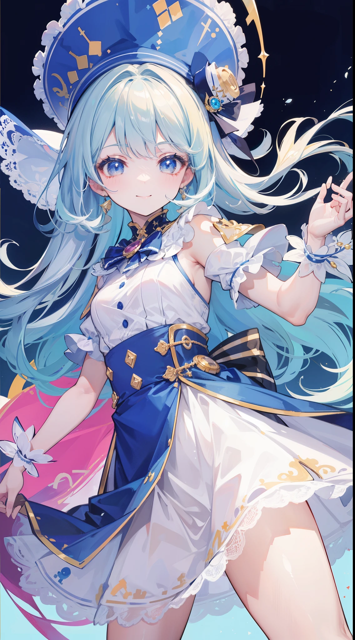 32k, best quality, ultra-detailed, high resolution, perfect anatomy, head on, cute girl, cute dress, cute hat, cute smile, colorful background,