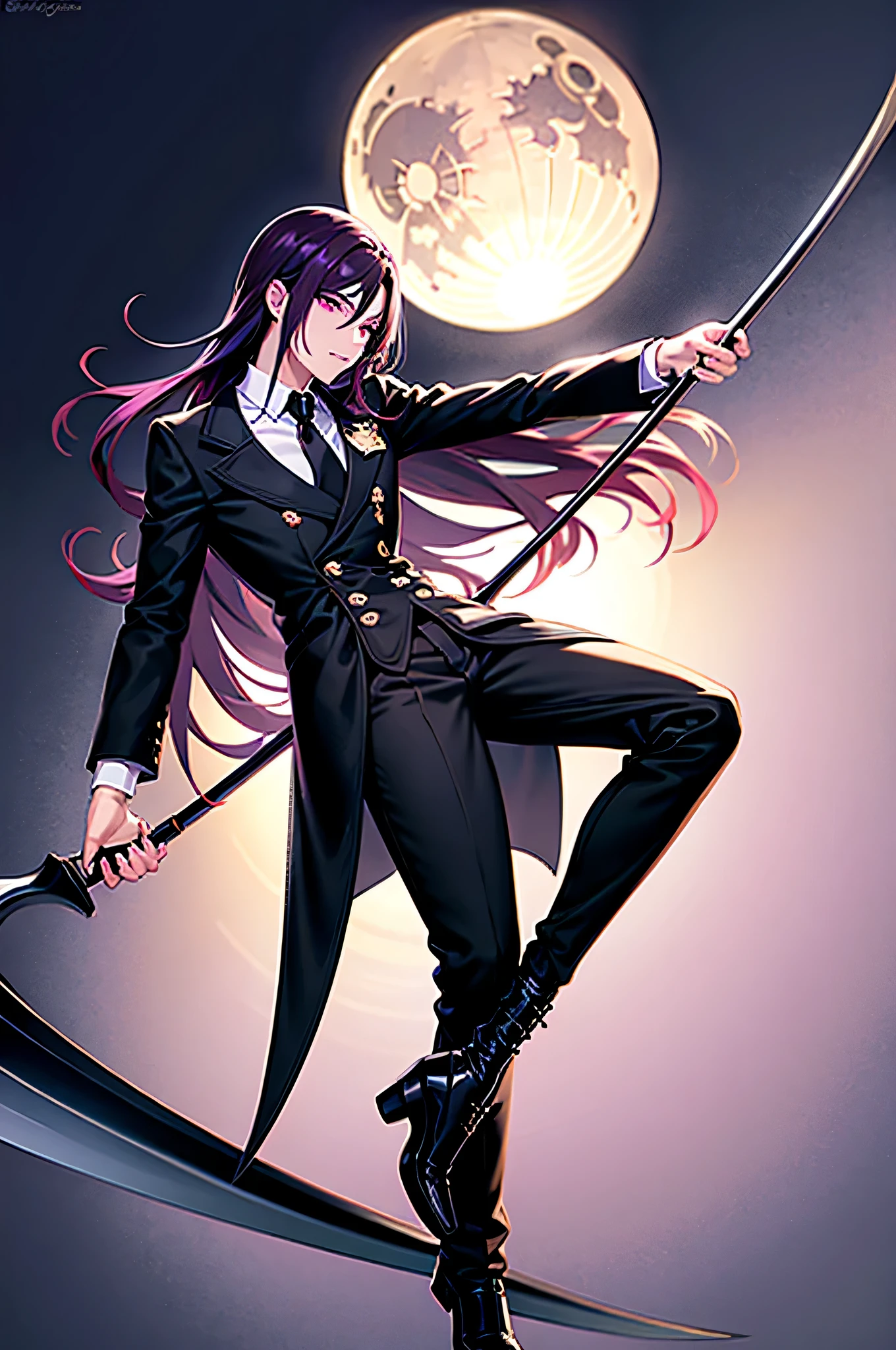 best quality, ultra high res, 1guy, Noblesse style, full body, holding a scythe, purple eyes, black trench coat, white highlights on the trench coat, moon background