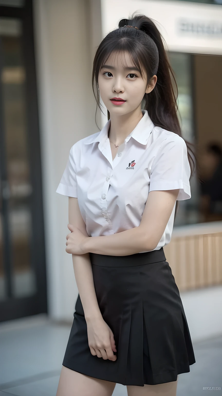 best quality, natural lighting, masterpiece, 1 girl, perfect beautiful face, (photo photo:1.3), edge lighting, photography lighting, (high detail skin:1.2), 8k ultra hd, DSLR, high quality, high resolution, white skin, detailed textured skin, 3/4 body in frame, sexy posing, poker face, perfect propotion face, symetric face, eye level shot, 4k, 8k, bokeh, absurd, best ratio four fingers and one thumb, (realistic:1.3), beautiful detailed girl, cute 1girl, dark-brown hair, ponytail, long hair, bangs, volume hairs, collosal-breast, full looking breast, projecting breast, slim waist, slender, small thighs, perfectly proportion, university background, detailed background, mahalaiuniform, white shirt short sleeves, black pencil skirt, black pleated skirt