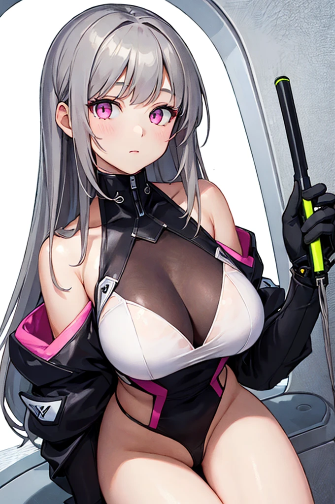 (masterpiece),(highest quality), girl,((ultra-detaileded)), (highly detaileded CG illustration),(Expressionless),, NSFW,, (masterpiece:1.16), (highest quality:1.32),(methodical_detailed),(High resolution:1.1),(best illumination:1.1), (best shadow:1.1), (very delicate and beautiful),(Proper shading:1.1),(figure: 1.1),(finished:1.1),Duplication,(Appropriate posture),(Proper configuration),(Ultra-precise_construction:1.2),trimming,(bold Highlighted Outline),(detaileded face), (beautiful eyes),(thick_Dense_skin:1.16),(Ultra-precise skin:1.16),bold_eyelash,(soft cheeks:1),white background, 1 girl, Android girl, Complex mechanism, gray hair, long hair, pink eyes, glowing eyes, Expressionless, Off-shoulder suit that fits your body,sheer off shoulder suit、 see-through off-shoulder suit、(Abnormal joints, Dotted joints:1.2),thighs, Decadent behavior,Luminous joint、sexy