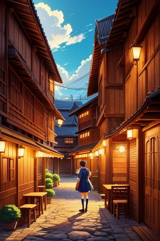 (high-quality,4K,8k,high-resolution,masterpiece:1.2),ultra-detailed,(realistic,photorealistic,photo-realistic:1.37), a cozy multi-dimensional tavern with a house in anime style, featuring a thatched roof and large windows, reminiscent of the popular anime series "Kimetsu no Yaiba". The tavern is filled with warm golden light, and there are various anime screenshots from the series "Kimetsu no Yaiba" displayed on the walls. The main character, Tanjiro Kamado, is sitting at a corner table, enjoying a meal. Outside the tavern, there is a bustling magical town, with colorful houses and people dressed in anime-style clothing. The overall color palette of the scene is vibrant and vivid, with a focus on warm and inviting tones. The sunlight streams through the windows, casting beautiful shadows on the wooden furniture and stone walls. The atmosphere is lively and joyful, with a touch of nostalgia for the classic anime era of 2012. The artwork captures the essence of the anime style, with detailed character designs and a distinct sense of personality and emotions. It feels like stepping into a famous anime world and immersing oneself in its captivating visuals.