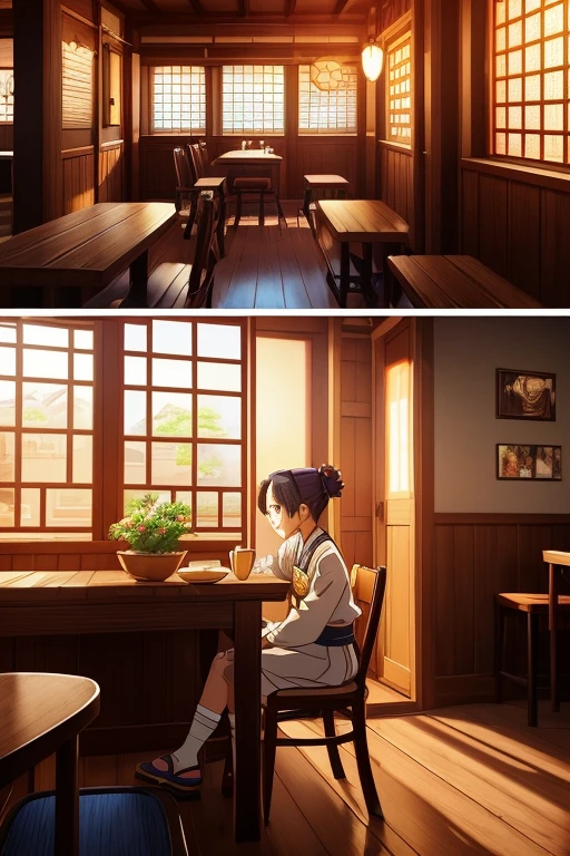 (high-quality,4K,8k,high-resolution,masterpiece:1.2),ultra-detailed,(realistic,photorealistic,photo-realistic:1.37), a cozy multi-dimensional tavern with a house in anime style, featuring a thatched roof and large windows, reminiscent of the popular anime series "Kimetsu no Yaiba". The tavern is filled with warm golden light, and there are various anime screenshots from the series "Kimetsu no Yaiba" displayed on the walls. The main character, Tanjiro Kamado, is sitting at a corner table, enjoying a meal. Outside the tavern, there is a bustling magical town, with colorful houses and people dressed in anime-style clothing. The overall color palette of the scene is vibrant and vivid, with a focus on warm and inviting tones. The sunlight streams through the windows, casting beautiful shadows on the wooden furniture and stone walls. The atmosphere is lively and joyful, with a touch of nostalgia for the classic anime era of 2012. The artwork captures the essence of the anime style, with detailed character designs and a distinct sense of personality and emotions. It feels like stepping into a famous anime world and immersing oneself in its captivating visuals.