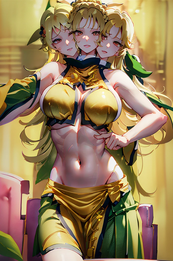 (masterpiece, best quality), best quality, (ultra-detailed), (3heads:1.5), 1girl, (okina matara:1.3), masterpiece, best quality, yellow-orange top, crop top, ((stomach)), midriff, ((groin)), green skirt, normal ears, shackles, blonde hair, very long hair, wavy hair, sidelocks, yellow eyes, parted lips, single horn, sweat, very cute, toned belly, hand on own chest, eyelashes, (24 year old woman:1.3), (masterpiece:1.5), (best quality:1.5), (beautiful detailed, extremely detailed CG, extremely delicate and beautiful, depth of field, (finely detailed face), (perfect details:1.2), (mature female:1.3), wide pelvis, slender, large veiny breast, 8k resolution, high quality, high definition, extremely detailed, masterpiece, blonde hair, long hair, alluring presence, braid, short skirt, close up, big tits, young, three-point hat,
