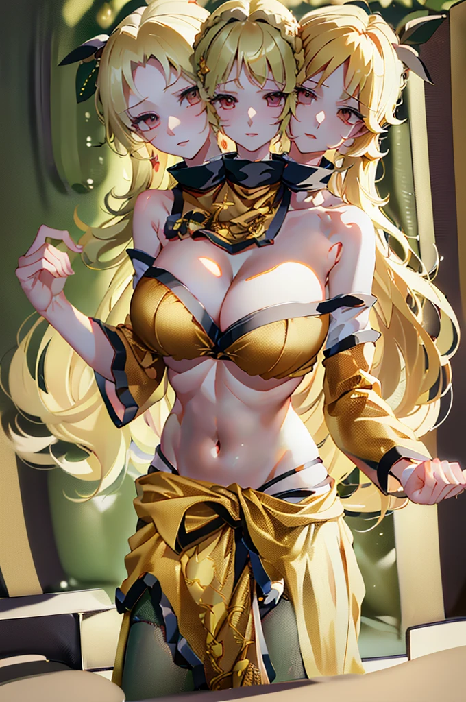 (masterpiece, best quality), best quality, (ultra-detailed), (3heads:1.5), 1girl, (okina matara:1.3), masterpiece, best quality, yellow-orange top, crop top, ((stomach)), midriff, ((groin)), green skirt, normal ears, shackles, blonde hair, very long hair, wavy hair, sidelocks, yellow eyes, parted lips, single horn, sweat, very cute, toned belly, hand on own chest, eyelashes, (24 year old woman:1.3), (masterpiece:1.5), (best quality:1.5), (beautiful detailed, extremely detailed CG, extremely delicate and beautiful, depth of field, (finely detailed face), (perfect details:1.2), (mature female:1.3), wide pelvis, slender, large veiny breast, 8k resolution, high quality, high definition, extremely detailed, masterpiece, blonde hair, long hair, alluring presence, braid, short skirt, close up, big tits, young, three-point hat,
