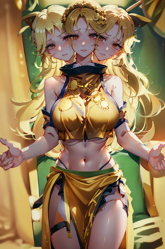 (masterpiece, best quality), best quality, (ultra-detailed), (3heads:1.5), 1girl, (okina matara:1.3), masterpiece, best quality, yellow-orange top, crop top, ((stomach)), midriff, ((groin)), green skirt, normal ears, shackles, blonde hair, very long hair, wavy hair, sidelocks, yellow eyes, parted lips, single horn, sweat, very cute, toned belly, hand on own chest, eyelashes, (24 year old woman:1.3), (masterpiece:1.5), (best quality:1.5), (beautiful detailed, extremely detailed CG, extremely delicate and beautiful, depth of field, (finely detailed face), (perfect details:1.2), (mature female:1.3), wide pelvis, slender, large veiny breast, 8k resolution, high quality, high definition, extremely detailed, masterpiece, blonde hair, long hair, alluring presence, braid, short skirt, close up, big tits, young, three-point hat,