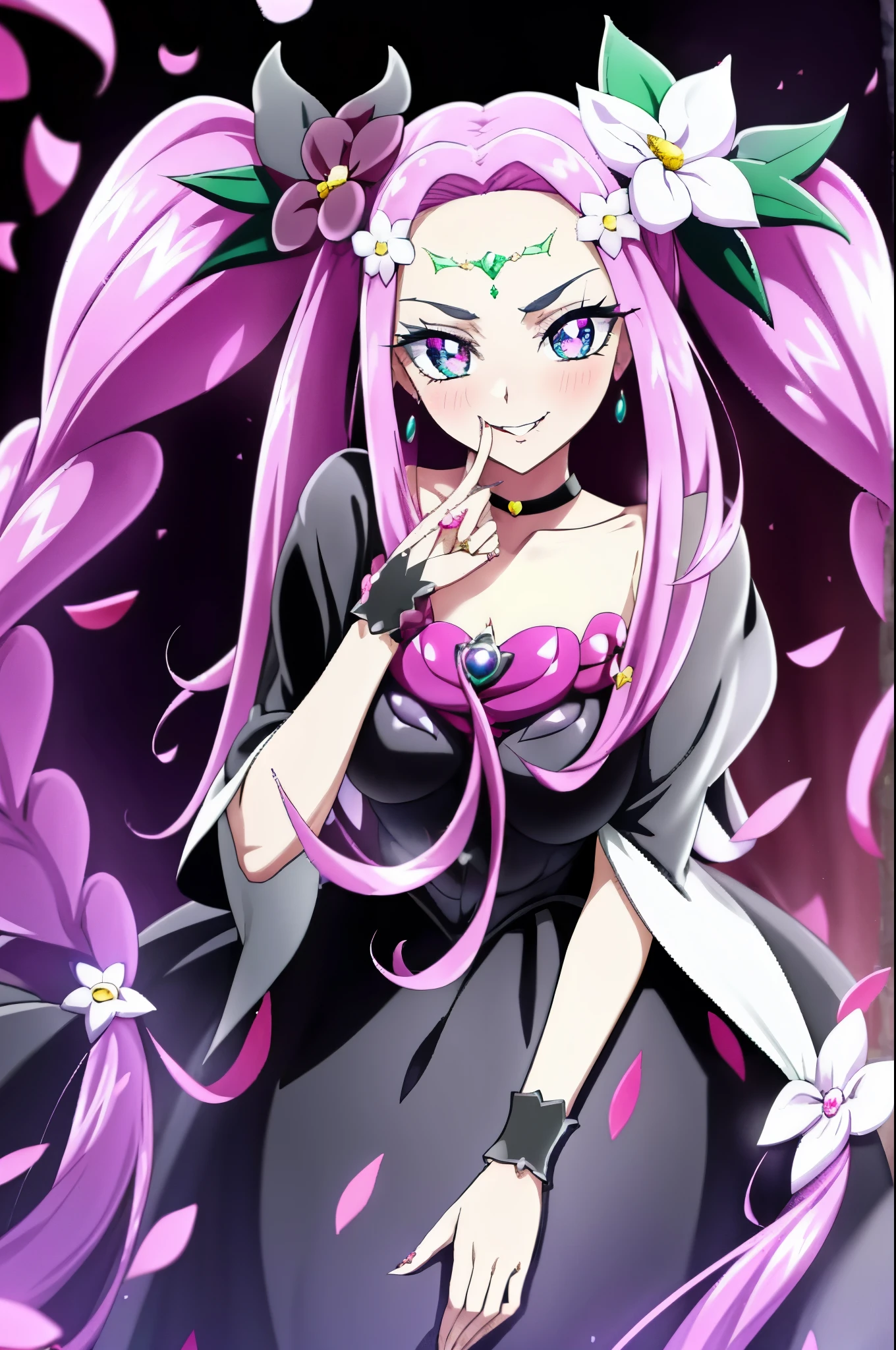 best quality, ultra detailed,1girl, solo, long hair, looking at viewer, blue eyes, skirt, hair ornament, dark evil dress, twintails, green eyes, dark pink hair, braid, evil flower, cowboy shot, choker, hair flower, pink eyes, twin braids, black skirt, black wrist cuffs, petals, magical girl, multicolored eyes, symbol in eye, black choker, evil dress flower, evil smile, devilish aura (shiny fabric:1.5), full body shot, purple gem, seductive, blush, (beautiful detailed eyes:1.6), extremely detailed face, perfect lighting, extremely detailed CG, (perfect hands, perfect anatomy), devil, red and black color scheme, shiny material, smirks, black ribbon, black satin gloves, bat wings ornament, black frills, jewelry, corruption, latex shine, black gothic cloak, evil grin, dark world background, cg style,