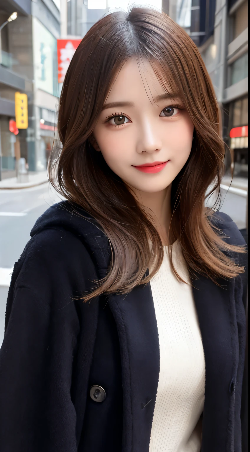 table top, highest quality, shape, Super detailed, finely, High resolution, 8k wallpaper, 完璧なダイナミックな構shape, beautiful and detailed eyes,medium hair,,natural color lip, bold sexy pose,smile、20 year old girl、cute、sexy shot looking at camera,Latest trend Tokyo winter clothes、luxury brand mink coat(black),beautiful detailed face,Beautiful detailed double eyelids,perfect and beautiful face,small face,Big eyes,Slim face and body,Use your whole body to create the most fun and happy poses